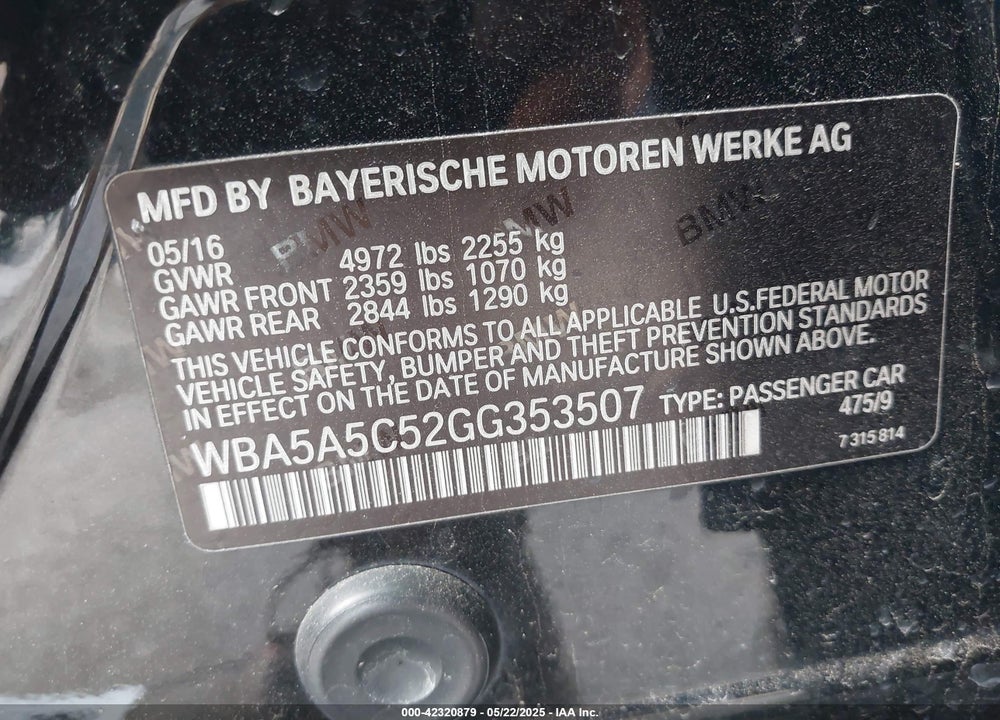 2016 BMW 528I VIN: WBA5A5C52GG353507