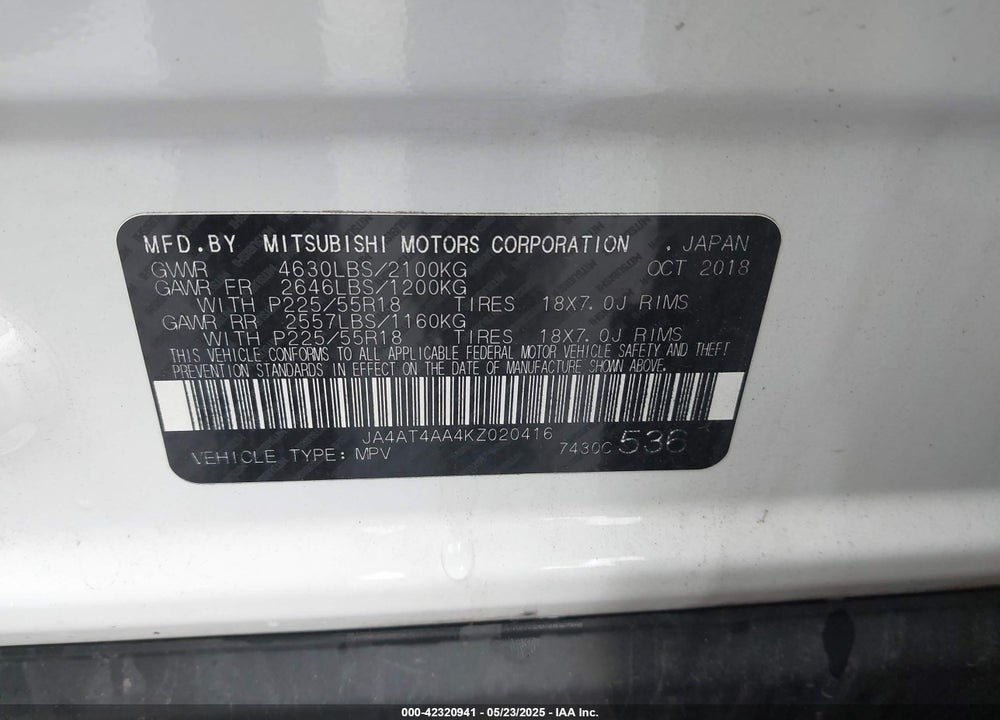 2019 MITSUBISHI ECLIPSE CROSS VIN: JA4AT4AA4KZ020416