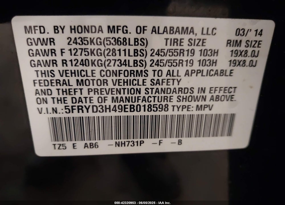 2014 ACURA MDX TECHNOLOGY PACKAGE VIN: 5FRYD3H49EB018598