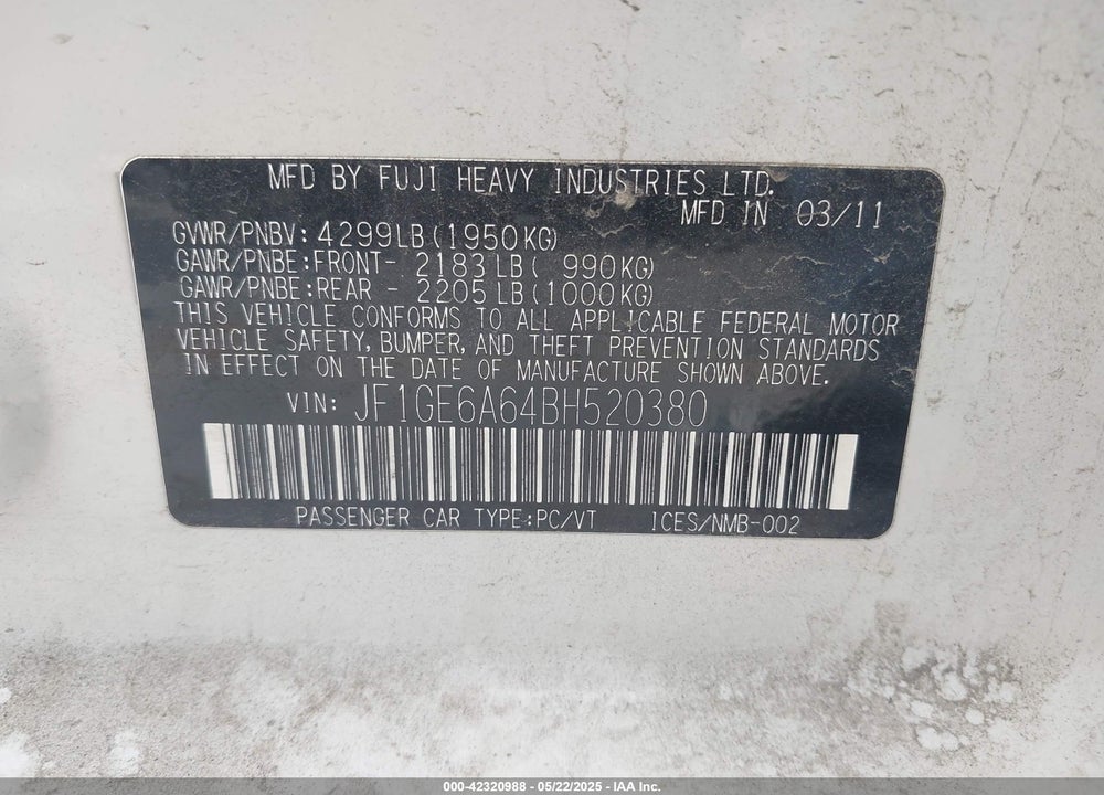 2011 SUBARU IMPREZA 2.5I VIN: JF1GE6A64BH520380