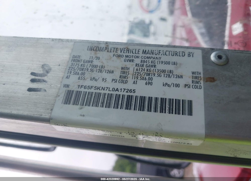 2020 FORD F-59 COMMERCIAL STRIPPED VIN: 1F65F5KN7L0A17265