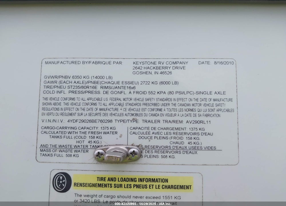 2011 KEYSTONE AVALANCHE 290RL VIN: 4YDF29026BE760298