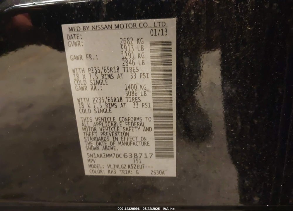2013 NISSAN PATHFINDER SL VIN: 5N1AR2MM7DC638717