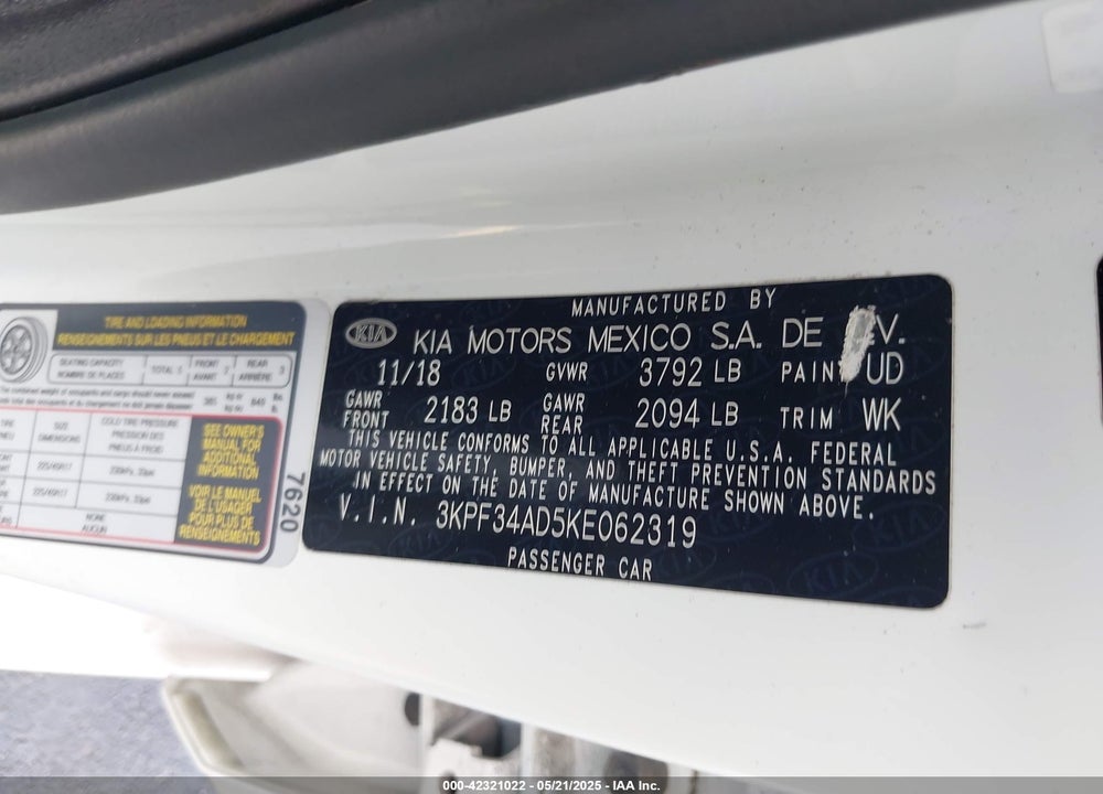 2019 KIA FORTE VIN: 3KPF34AD5KE062319