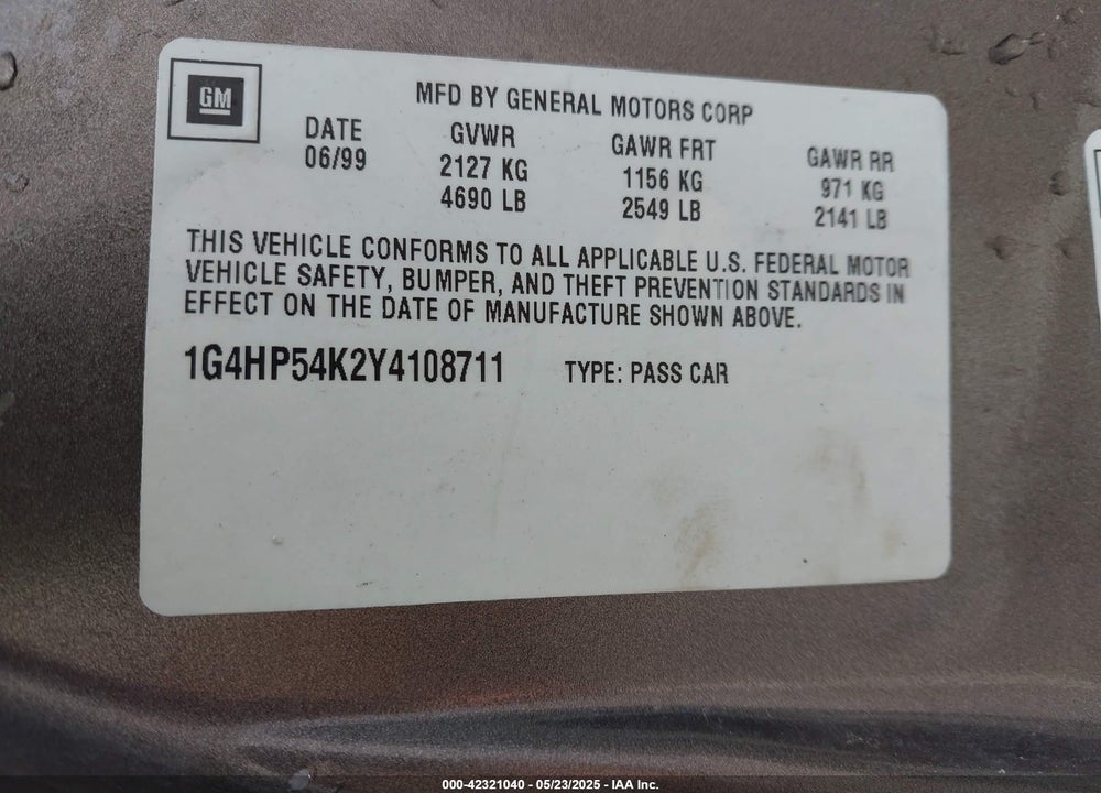 2000 BUICK LESABRE CUSTOM VIN: 1G4HP54K2Y4108711