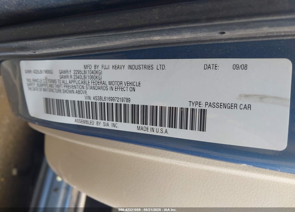 2009 SUBARU LEGACY 2.5I VIN: 4S3BL616997219789