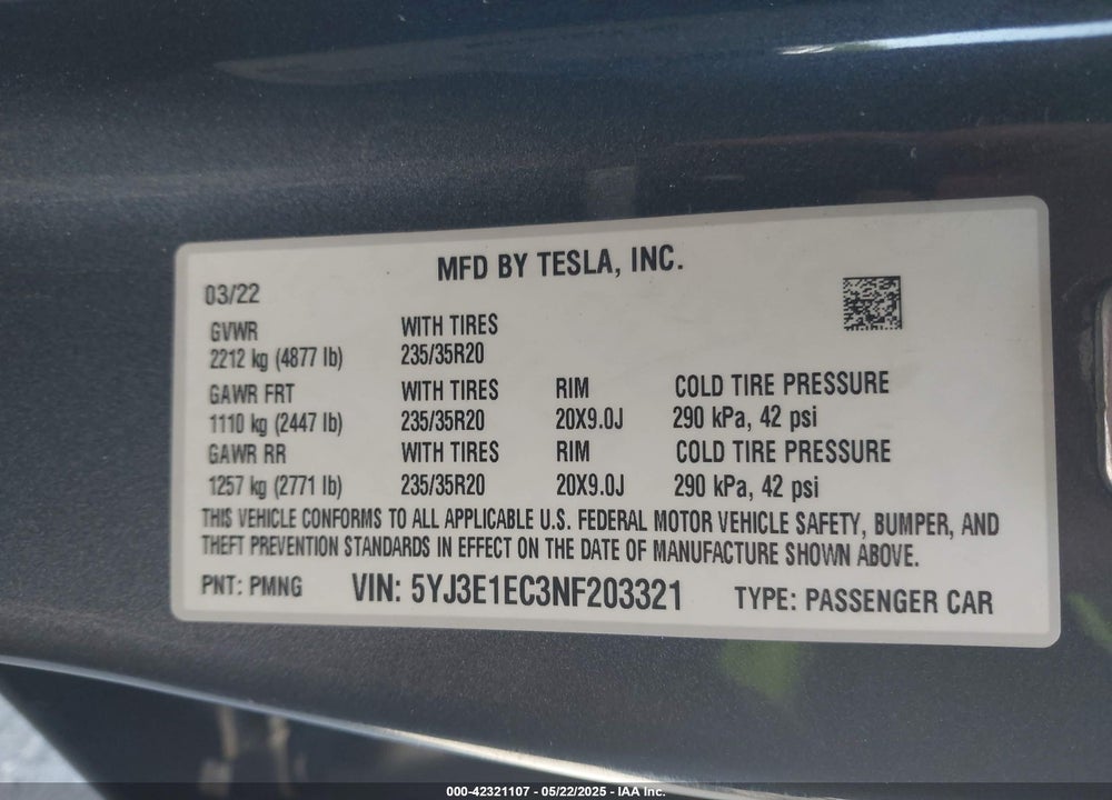 2022 TESLA MODEL 3 PERFORMANCE DUAL MOTOR ALL-WHEEL DRIVE VIN: 5YJ3E1EC3NF203321