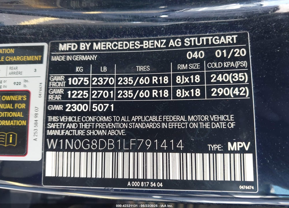 2020 MERCEDES-BENZ GLC 300 VIN: W1N0G8DB1LF791414