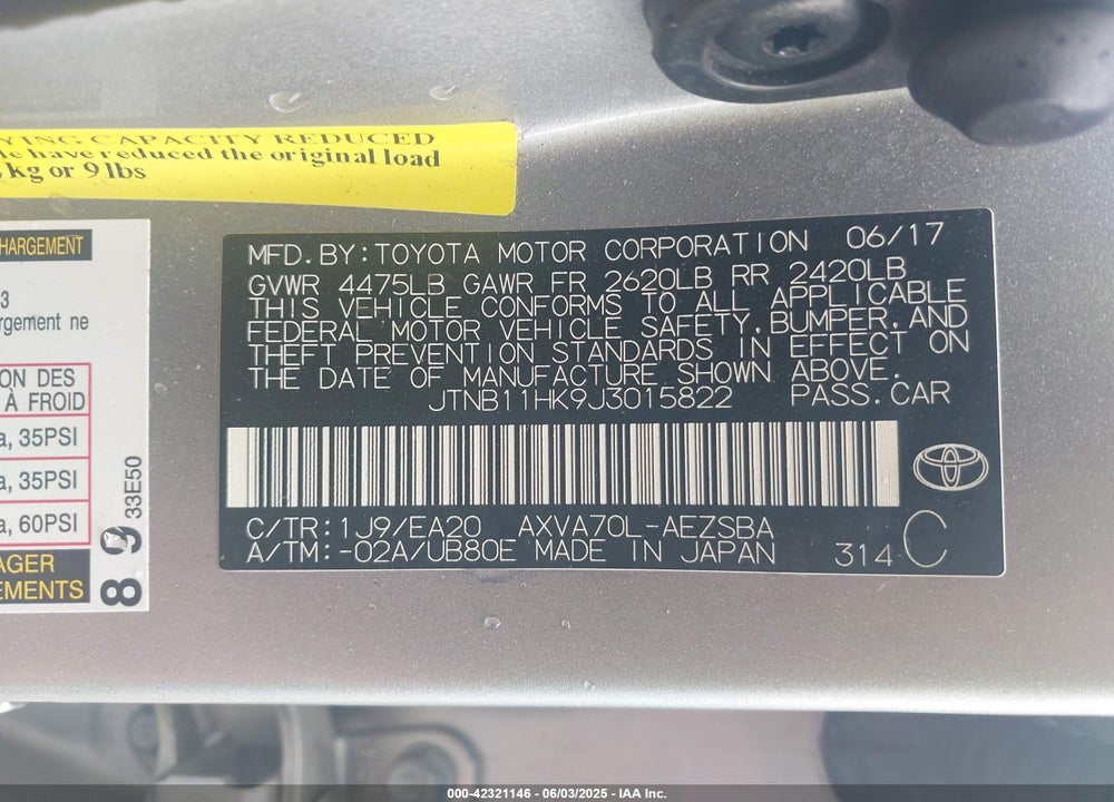 2018 TOYOTA CAMRY L/LE/SE/XLE VIN: JTNB11HK9J3015822