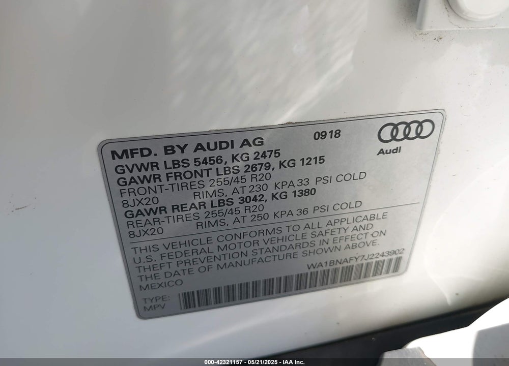 2018 AUDI Q5 2.0T PREMIUM/2.0T TECH PREMIUM VIN: WA1BNAFY7J2243902
