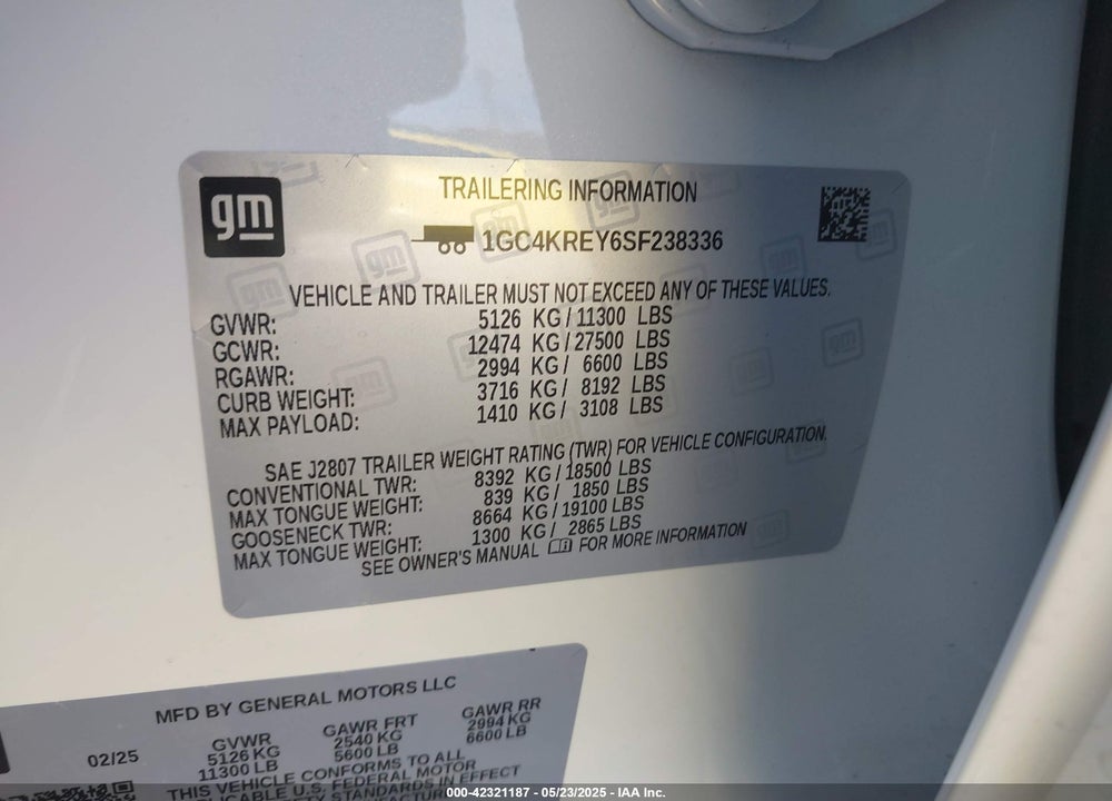 2025 CHEVROLET SILVERADO 2500HD 4WD STANDARD BED HIGH COUNTRY VIN: 1GC4KREY6SF238336