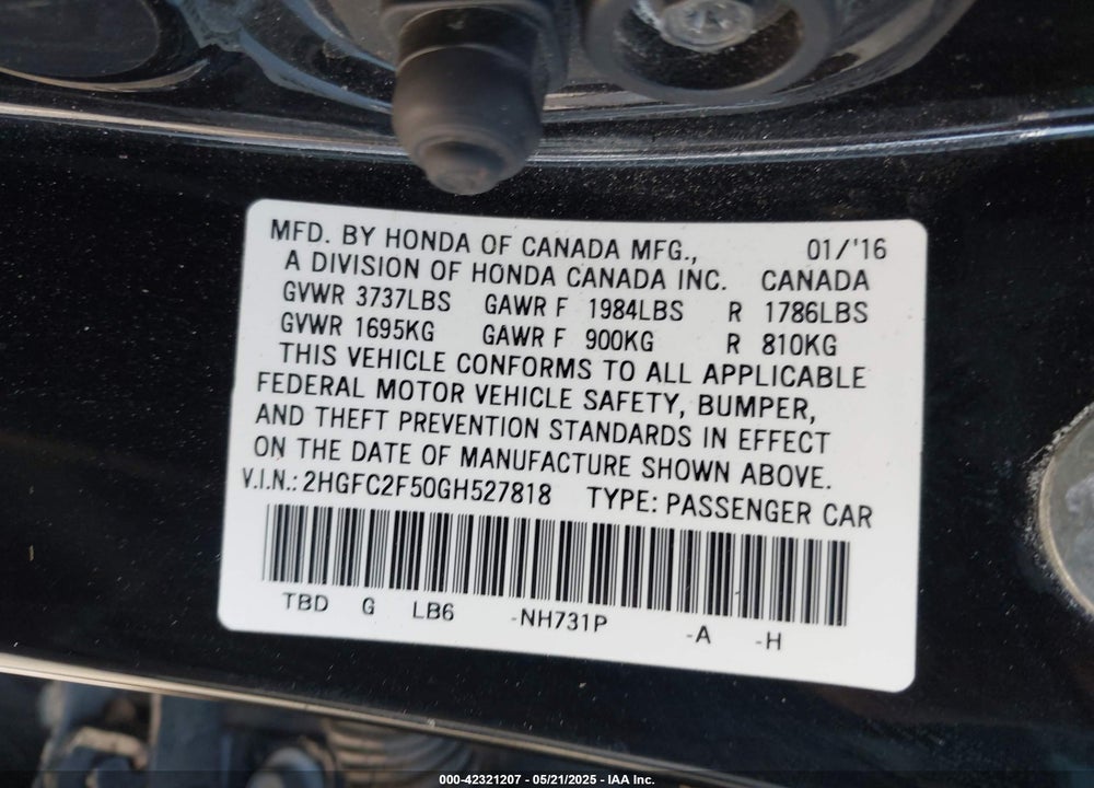 2016 HONDA CIVIC VIN: 2HGFC2F50GH527818