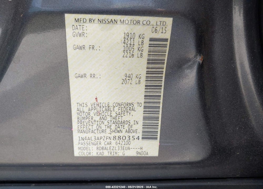 2015 NISSAN ALTIMA 2.5 S VIN: 1N4AL3AP2FN880354