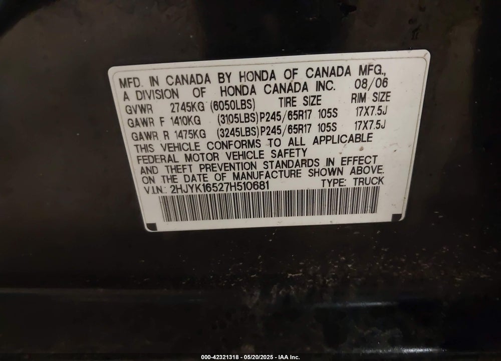 2007 HONDA RIDGELINE VIN: 2HJYK16527H510681