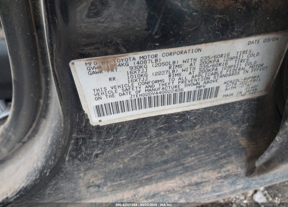 2004 TOYOTA RAV4 VIN: JTEHD20V440022406