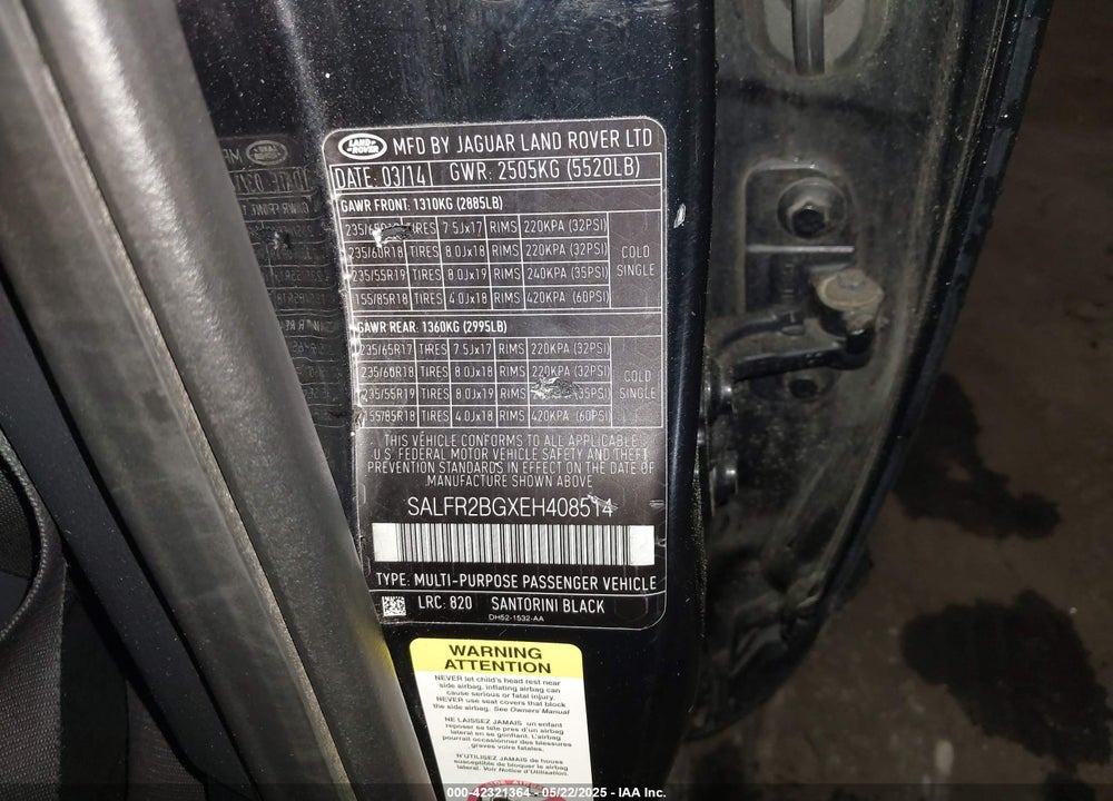 2014 LAND ROVER LR2 VIN: SALFR2BGXEH408514