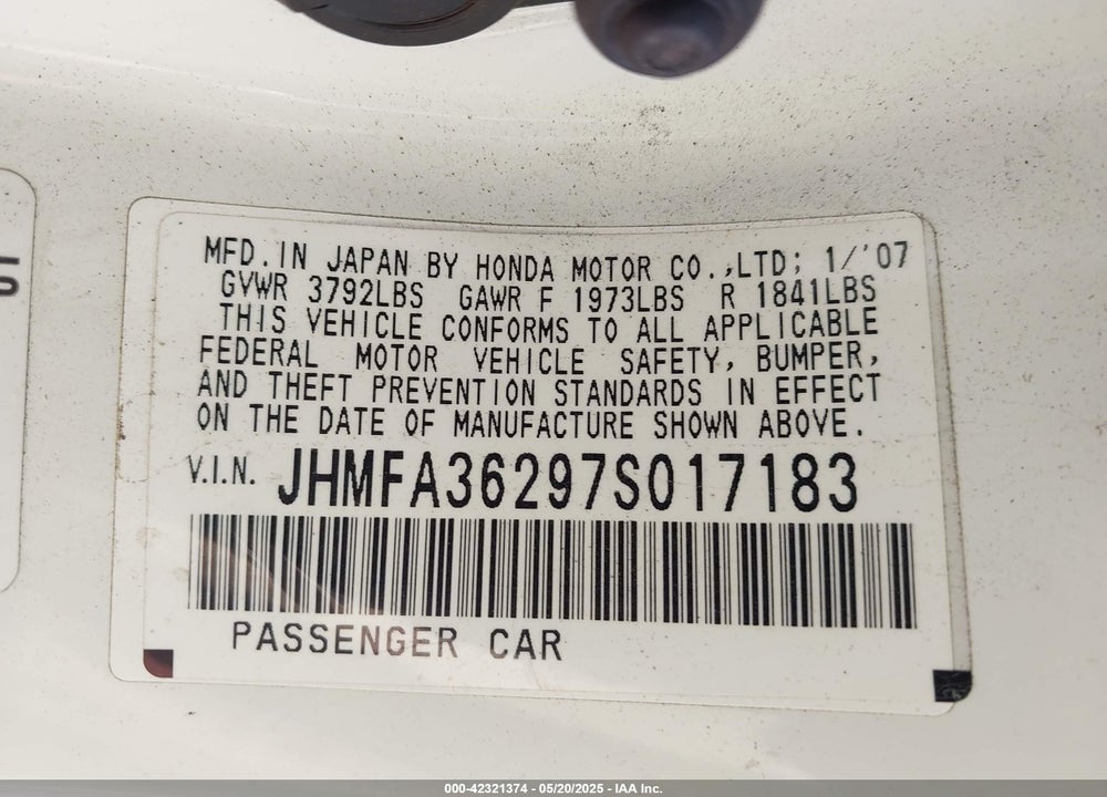 2007 HONDA CIVIC HYBRID VIN: JHMFA36297S017183