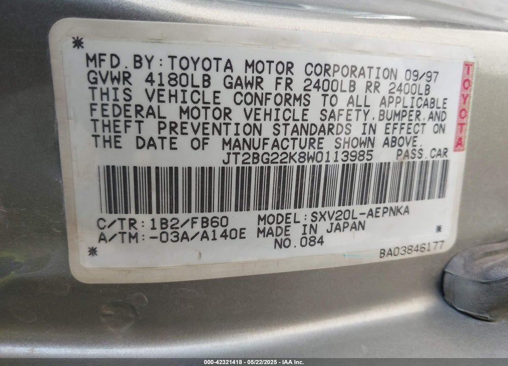 1998 TOYOTA CAMRY CE/LE/XLE VIN: JT2BG22K8W0113985