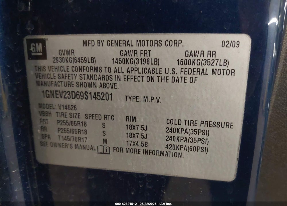 2009 CHEVROLET TRAVERSE VIN: 1GNEV23D69S145201