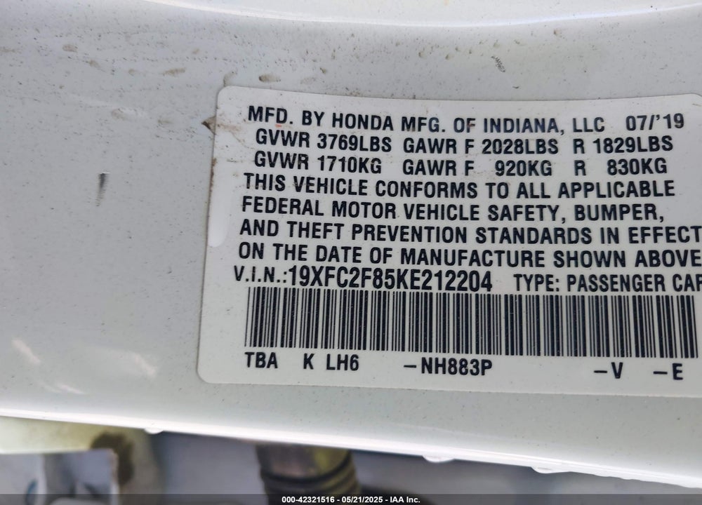2019 HONDA CIVIC VIN: 19XFC2F85KE212204