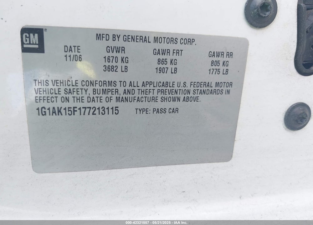 2007 CHEVROLET COBALT VIN: 1G1AK15F177213115