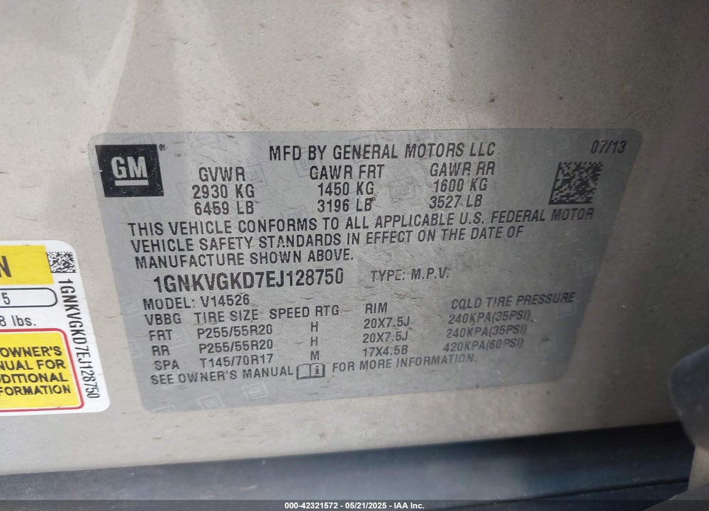 2014 CHEVROLET TRAVERSE VIN: 1GNKVGKD7EJ128750