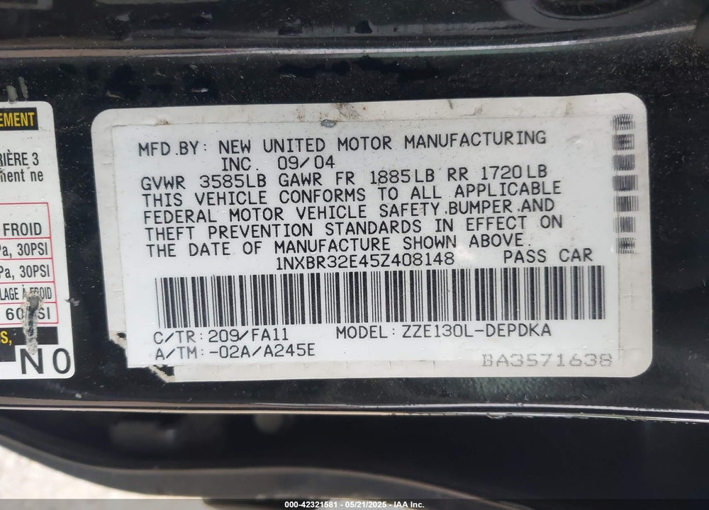 2005 TOYOTA COROLLA CE/LE/S VIN: 1NXBR32E45Z408148