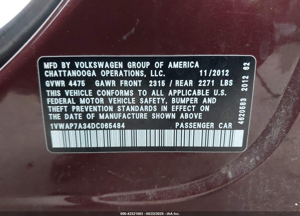 2013 VOLKSWAGEN PASSAT 2.5L S VIN: 1VWAP7A34DC065484