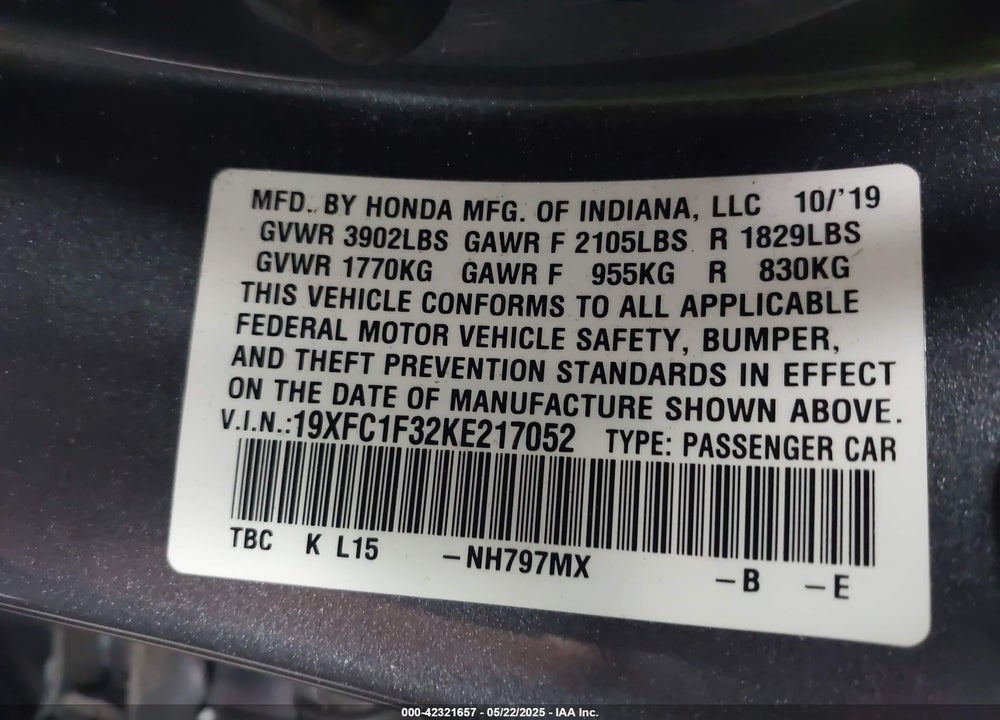 2019 HONDA CIVIC VIN: 19XFC1F32KE217052