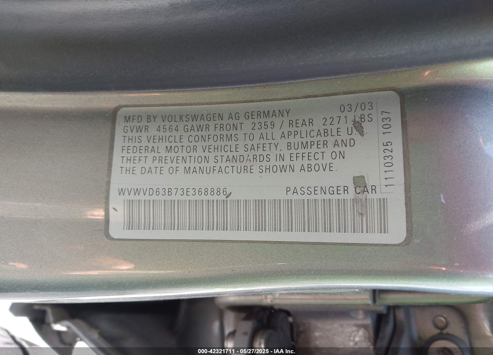 2003 VOLKSWAGEN PASSAT GLS VIN: WVWVD63B73E368886