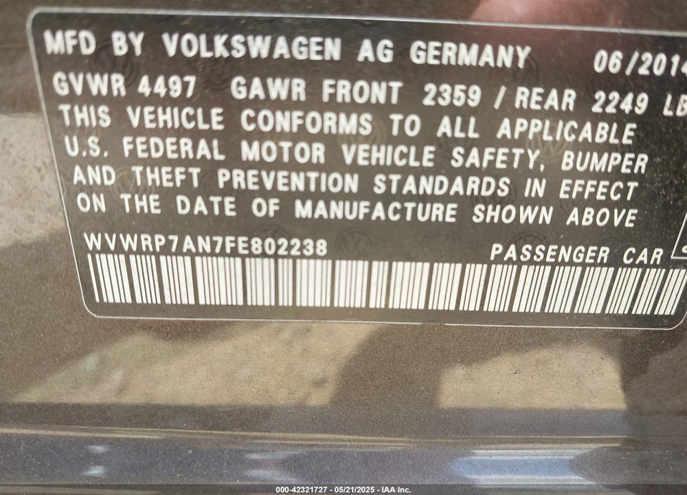 2015 VOLKSWAGEN CC 2.0T EXECUTIVE VIN: WVWRP7AN7FE802238
