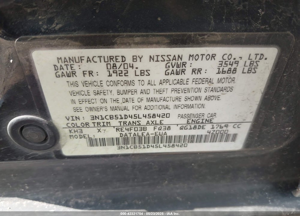 2005 NISSAN SENTRA 1.8S VIN: 3N1CB51D45L458420