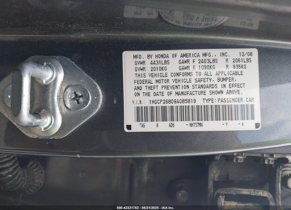 2009 HONDA ACCORD VIN: 1HGCP26809A085819