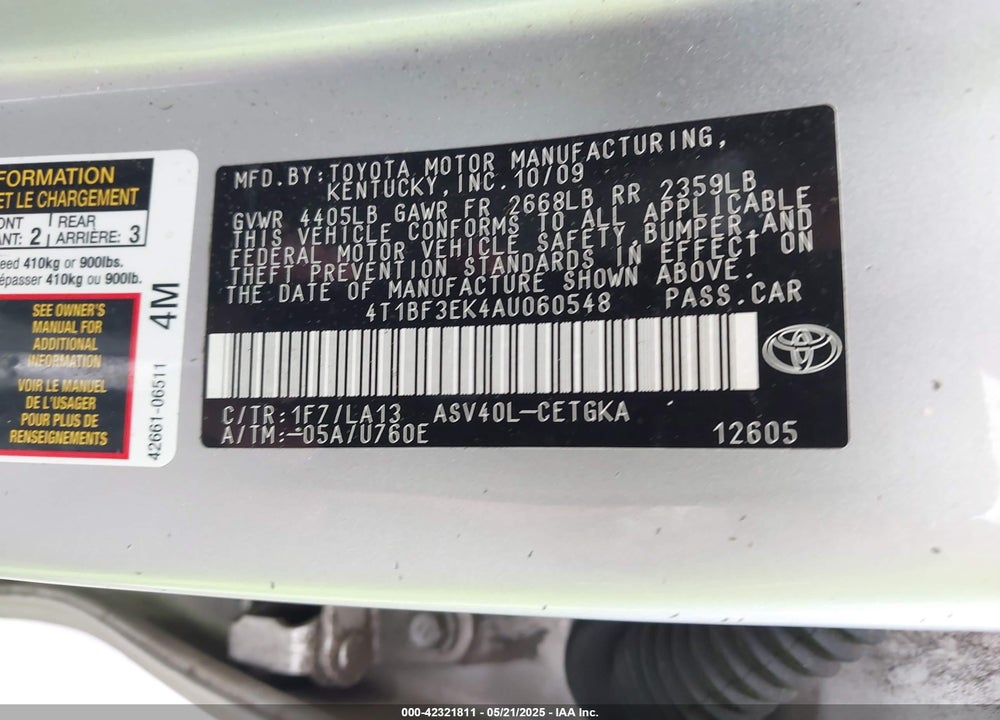 2010 TOYOTA CAMRY VIN: 4T1BF3EK4AU060548