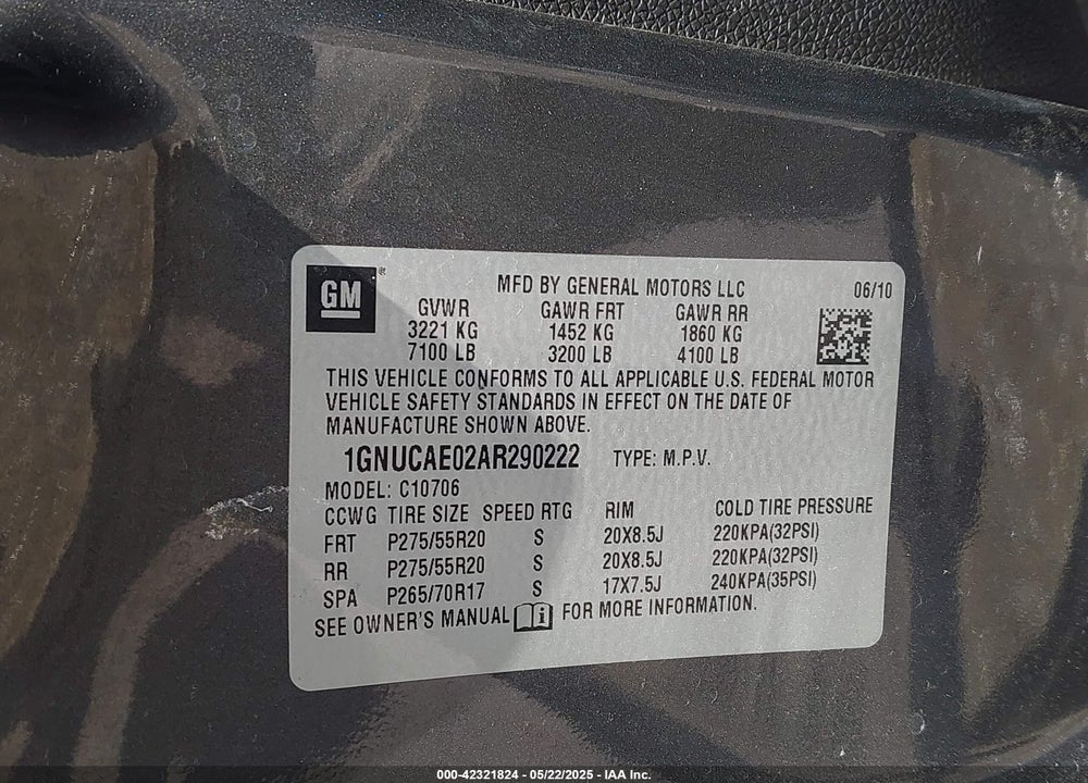 2010 CHEVROLET TAHOE LS VIN: 1GNUCAE02AR290222