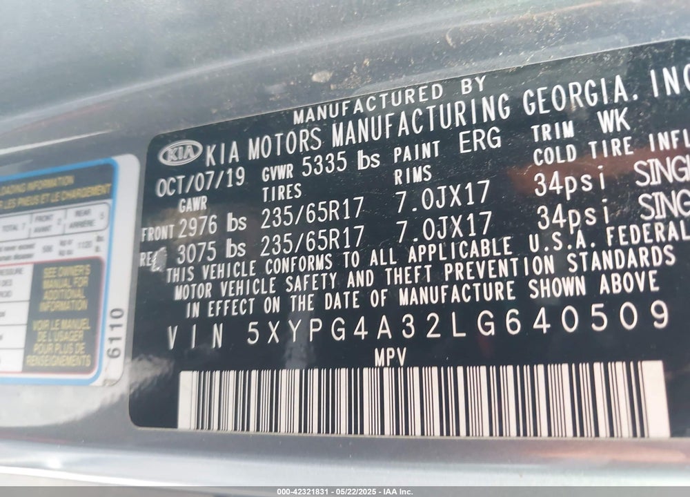 2020 KIA SORENTO 2.4L LX VIN: 5XYPG4A32LG640509