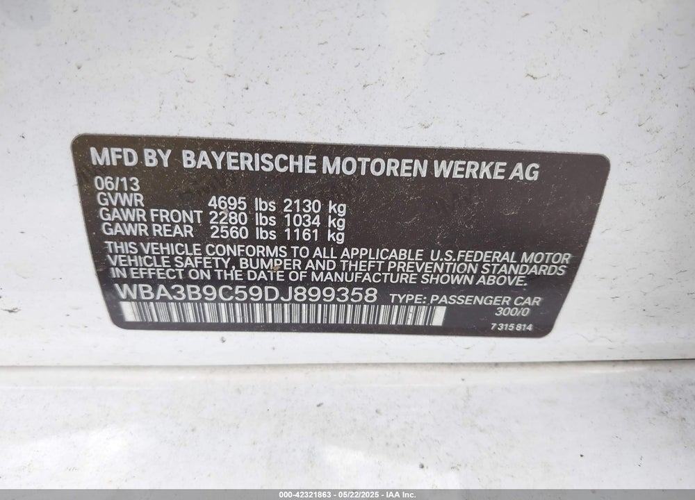 2013 BMW 335I VIN: WBA3B9C59DJ899358