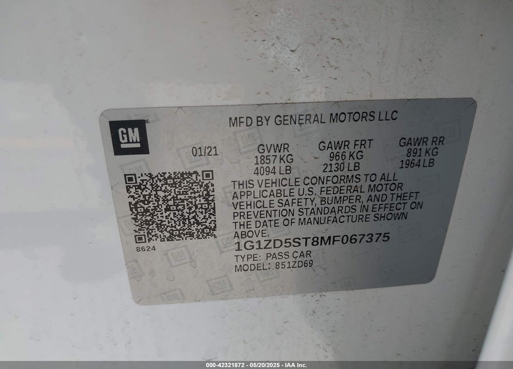 2021 CHEVROLET MALIBU VIN: 1G1ZD5ST8MF067375
