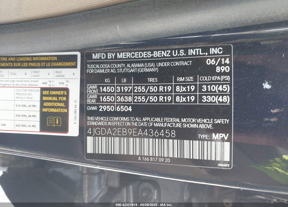 2014 MERCEDES-BENZ ML 350 BLUETEC 4MATIC VIN: 4JGDA2EB9EA436458