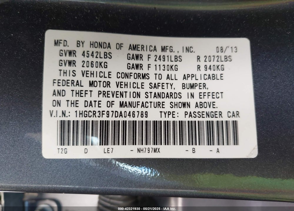 2013 HONDA ACCORD VIN: 1HGCR3F97DA046789
