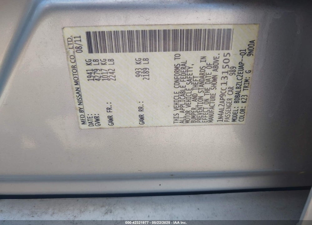 2012 NISSAN ALTIMA VIN: 1N4AL2AP9CC131505