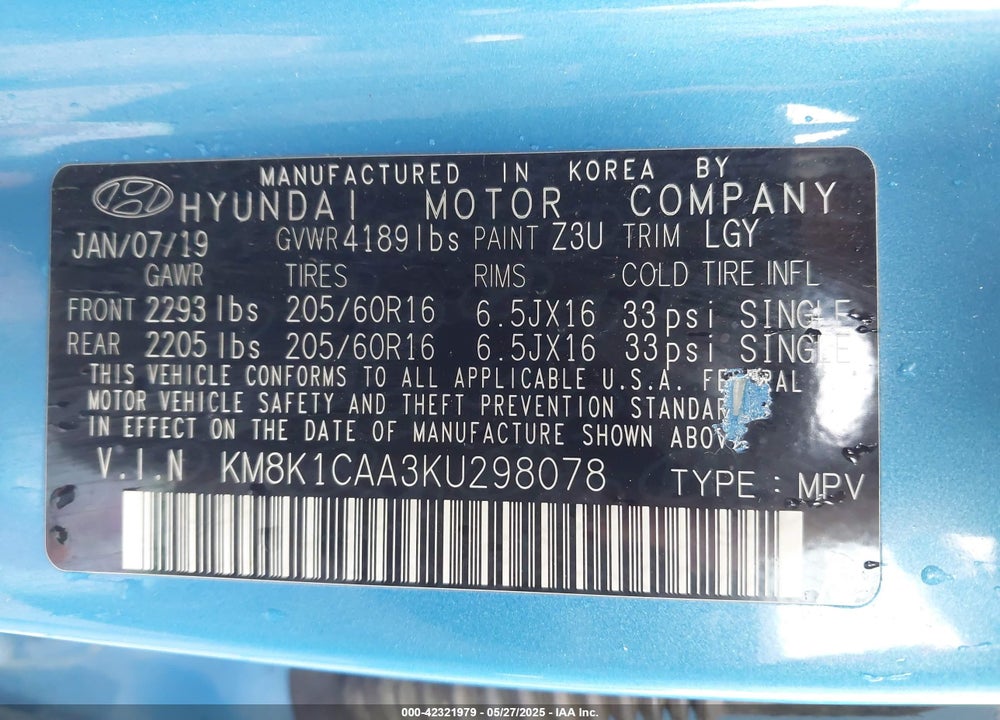 2019 HYUNDAI KONA VIN: KM8K1CAA3KU298078