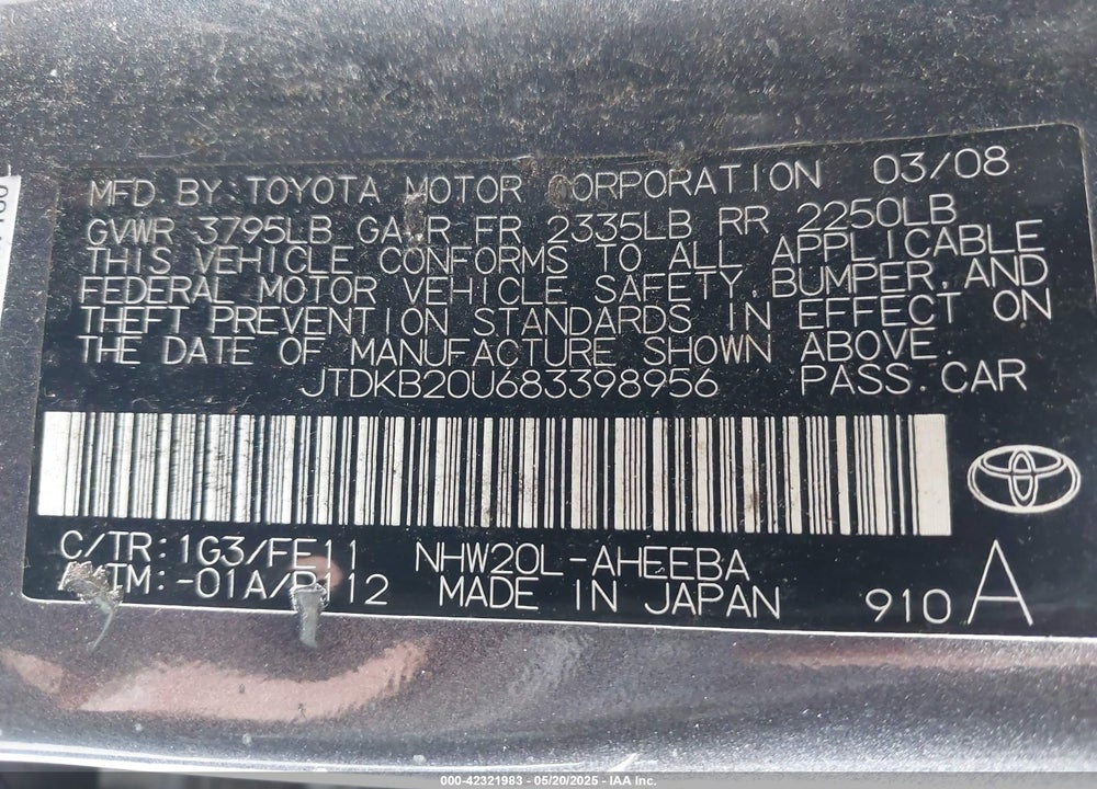 2008 TOYOTA PRIUS VIN: JTDKB20U683398956