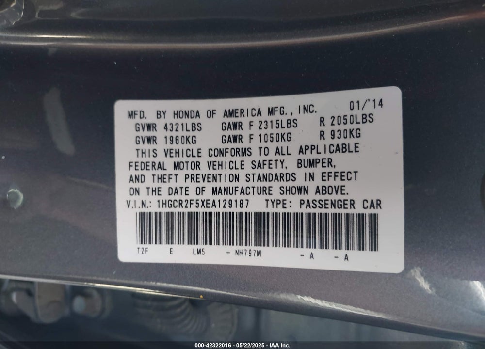 2014 HONDA ACCORD VIN: 1HGCR2F5XEA129187