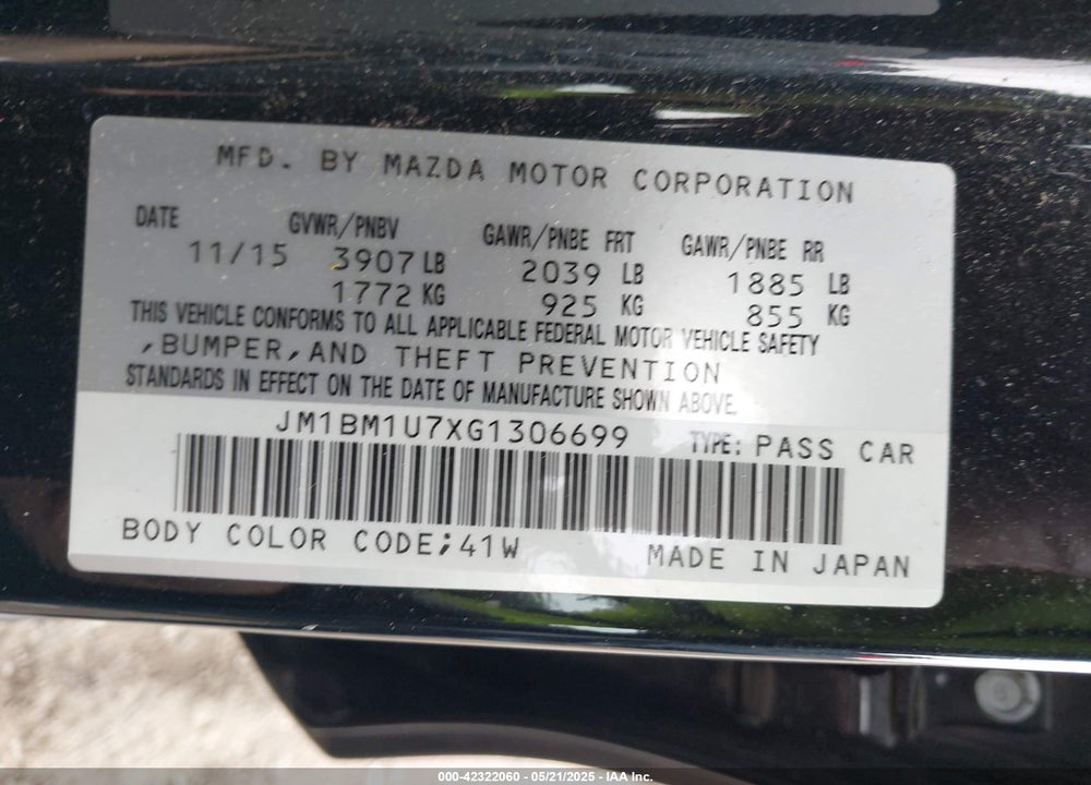 2016 MAZDA MAZDA3 VIN: JM1BM1U7XG1306699