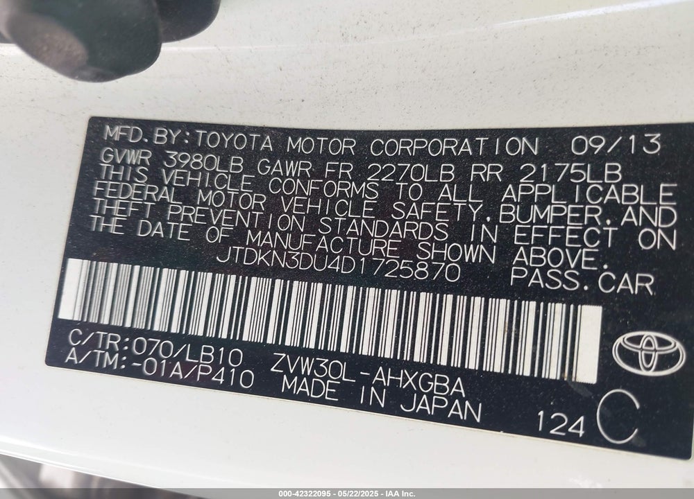 2013 TOYOTA PRIUS FIVE/FOUR/THREE/THREE SE/TWO VIN: JTDKN3DU4D1725870