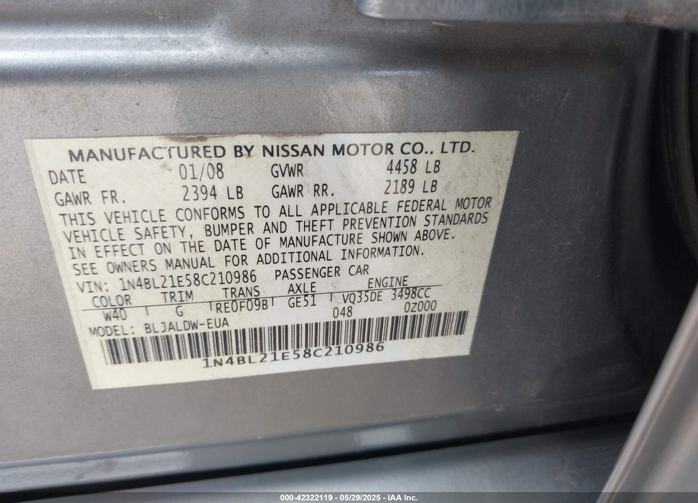 2008 NISSAN ALTIMA 3.5 SE VIN: 1N4BL21E58C210986