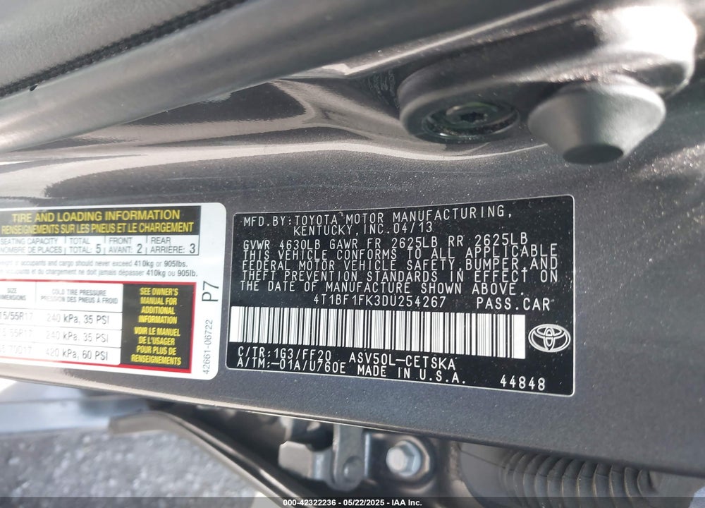 2013 TOYOTA CAMRY L/LE/SE/XLE VIN: 4T1BF1FK3DU254267