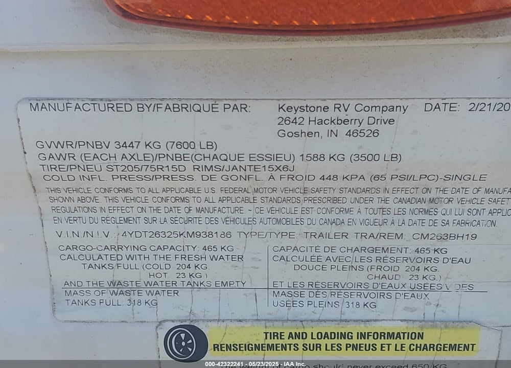 2019 COLEMAN TRAVEL TRLR VIN: 4YDT26325KM938186