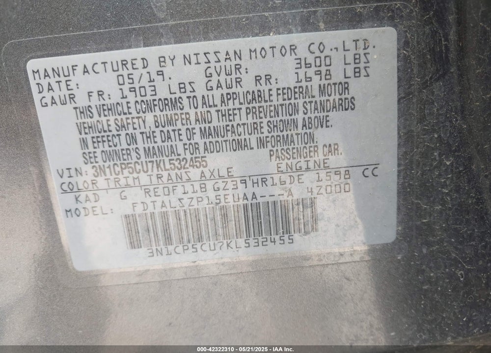 2019 NISSAN KICKS SV VIN: 3N1CP5CU7KL532455